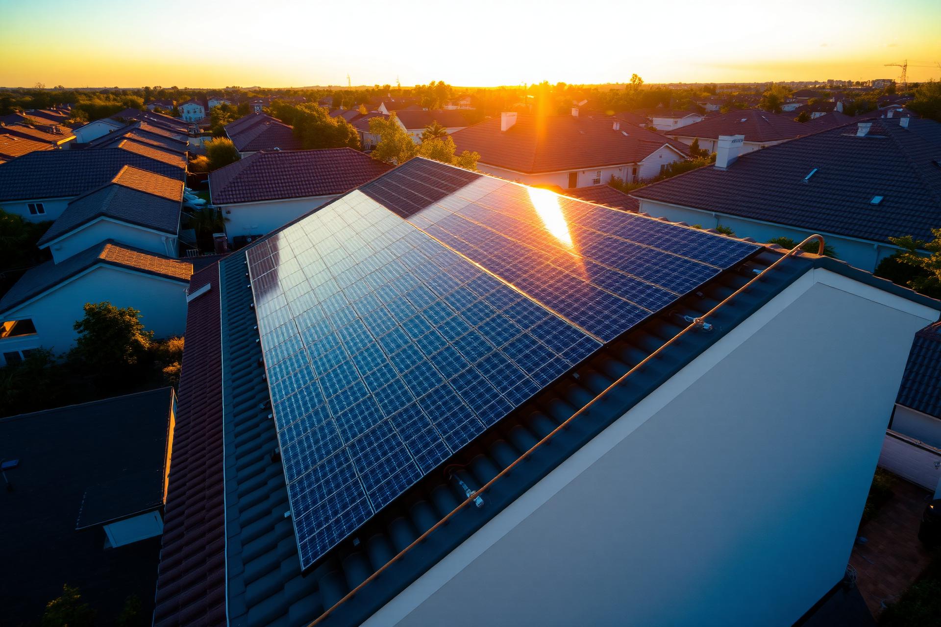 Solar panels on a residential rooftop at sunset